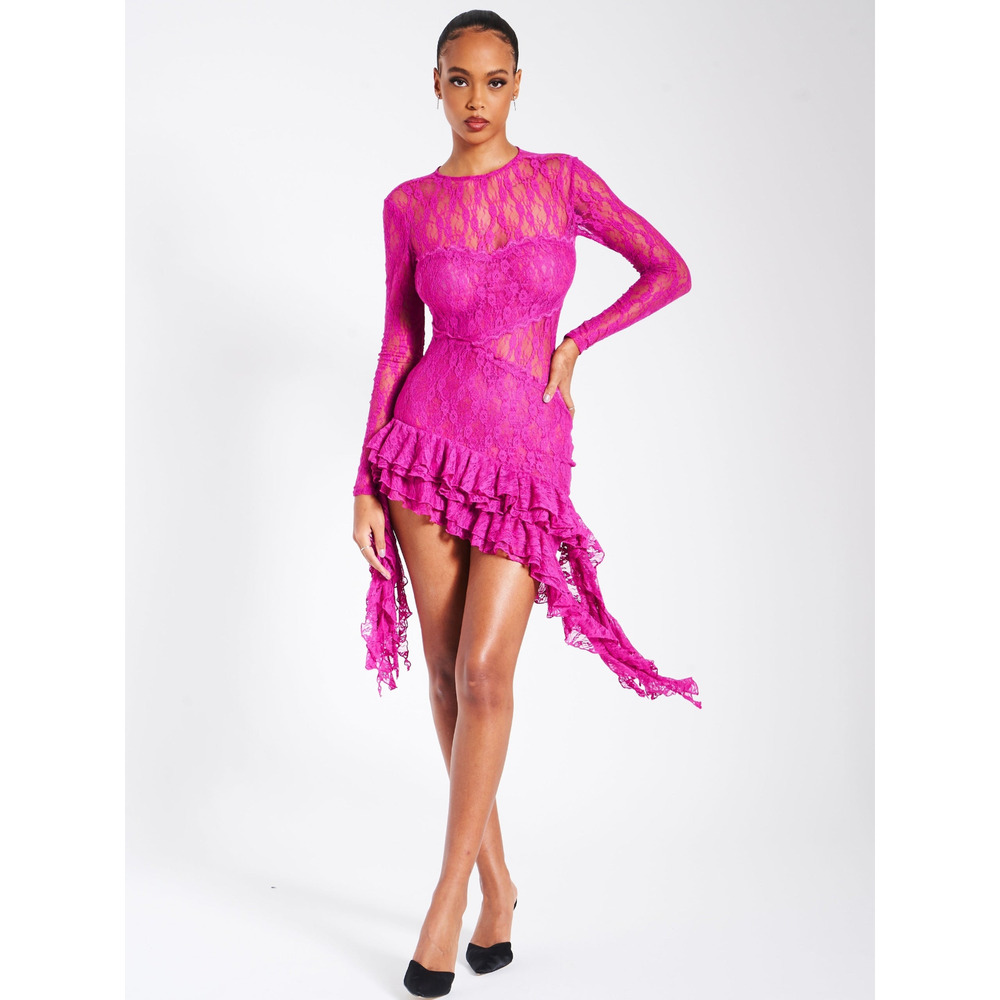 Women's Fluchsia Fairycore Lace Dress Festival Sheer Ruffle Bodycon Small